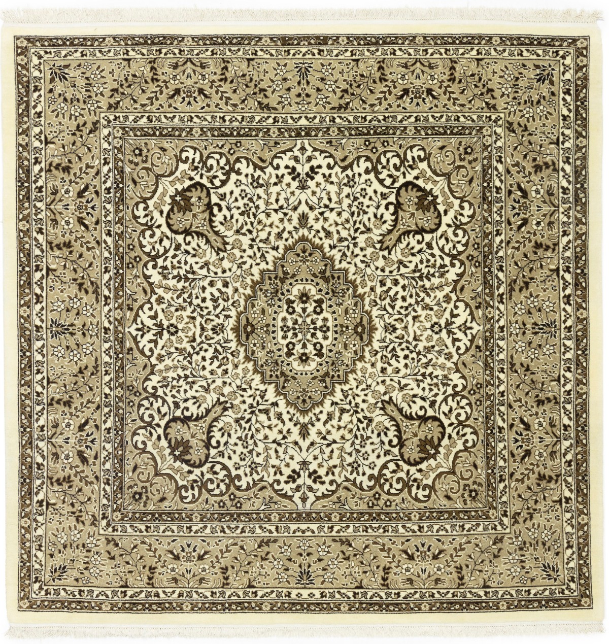 Cream Brown Floral 6X6 Kirman Oriental Square Rug