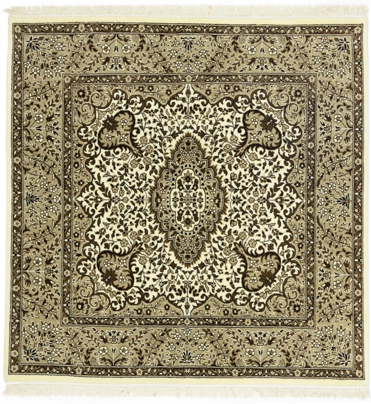 Cream Brown Floral 5X5 Kirman Oriental Square Rug